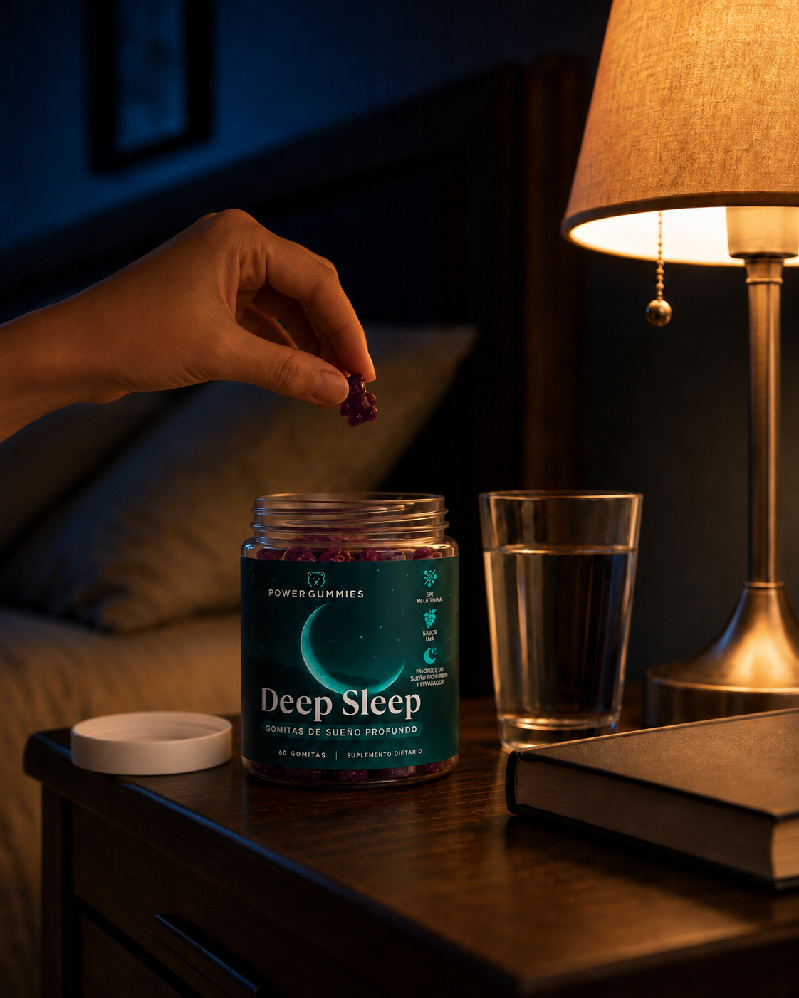 Mano tomando una gomita Deep Sleep en la mesa de luz